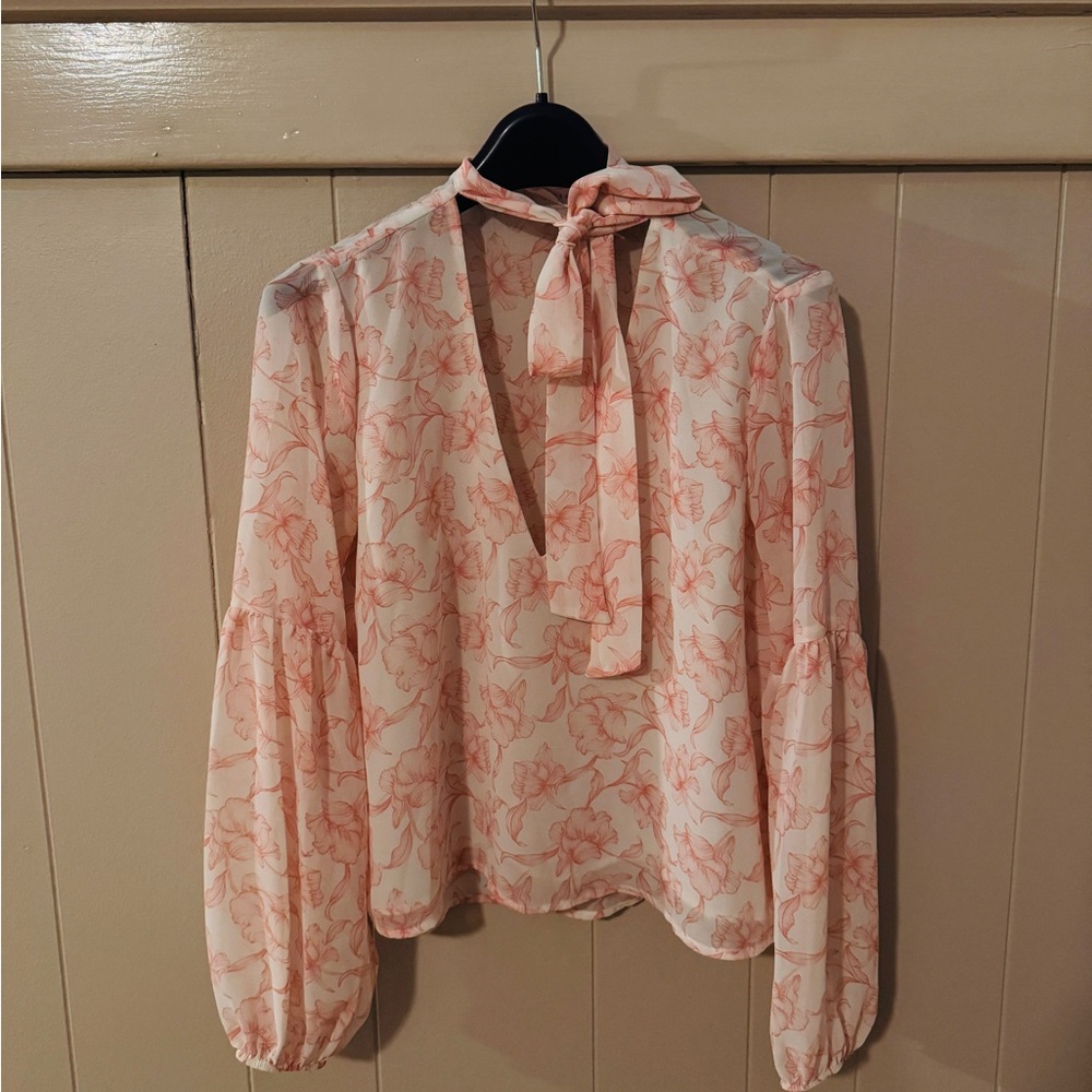 Lush Pink Floral Blouse with Tie Neck